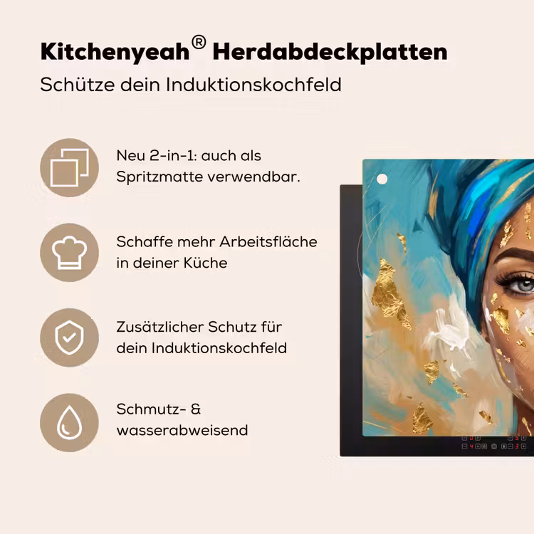 Portret - Vrouw - Schilderij - Blauw - Goud - Expressief Inductie beschemer met haakjes klein -ky-usp-de