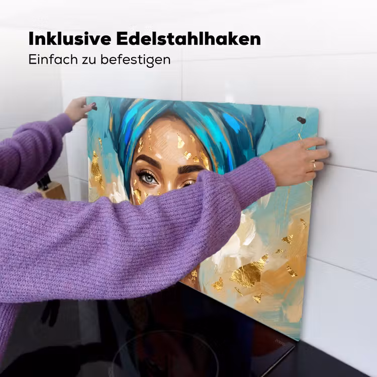Portret - Vrouw - Schilderij - Blauw - Goud - Expressief Inductie beschemer met haakjes klein -ky-ophangen-de