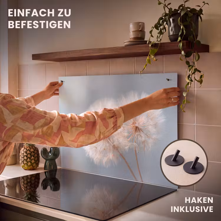 2-in-1 Herdabdeckplatte & Spritzschutz - Pusteblumen - Flauschig - Weiß - Paardenbloemen - Pluisjes - Wit Inductie beschemer met haakjes klein