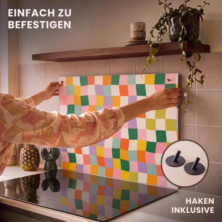 2-in-1 Herdabdeckplatte & Spritzschutz - Quadrate - Bunt - Gewellt - Vierkanten - Kleurrijk - Golvend Inductie beschemer met haakjes klein