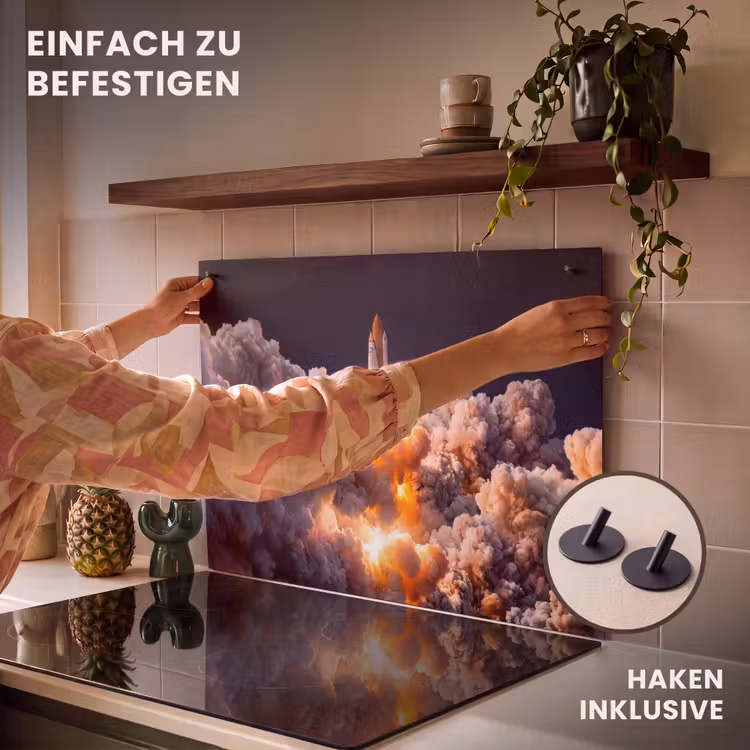 2-in-1 Herdabdeckplatte & Spritzschutz - Raumfahrzeug – Start – Sterne - Ruimtevaartuig - Lancering - Sterren Inductie beschemer met haakjes klein