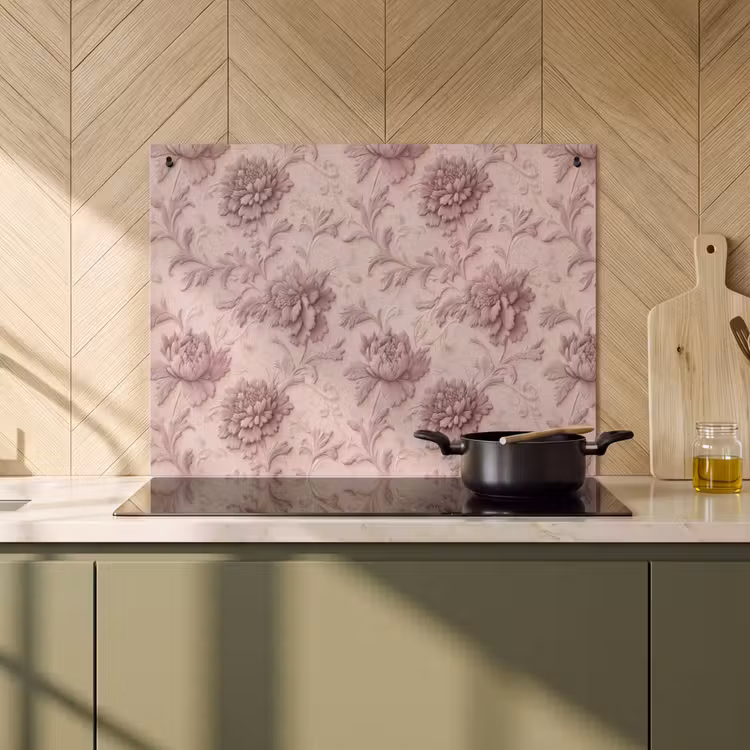2-in-1 Herdabdeckplatte & Spritzschutz - Relief - Pfingstrosen - Rosa - Reliëf - Pioenrozen - Roze Inductie beschemer met haakjes klein 777