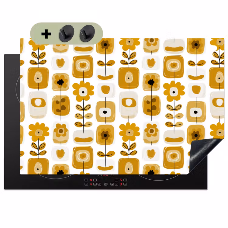 Retro - Abstract - Bloemen - Okergeel Inductie beschemer met haakjes klein 777 -3d