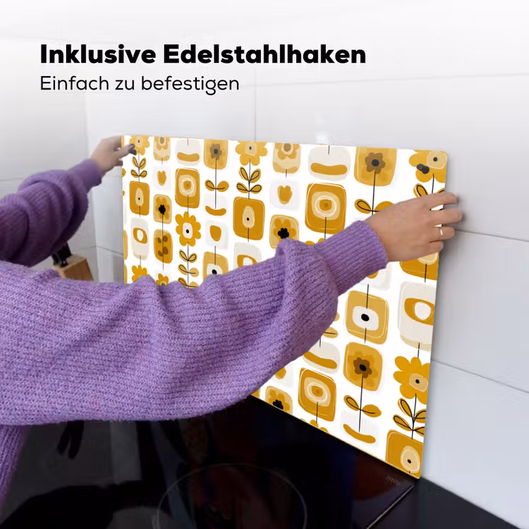 Retro - Abstract - Bloemen - Okergeel Inductie beschemer met haakjes klein 777 -ky-ophangen-de