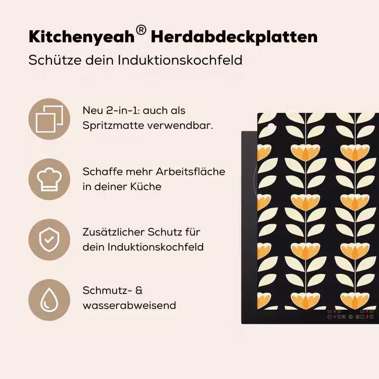 Retro - Bloem - Zwart - Okergeel Inductie beschemer met haakjes klein 777 -ky-usp-de