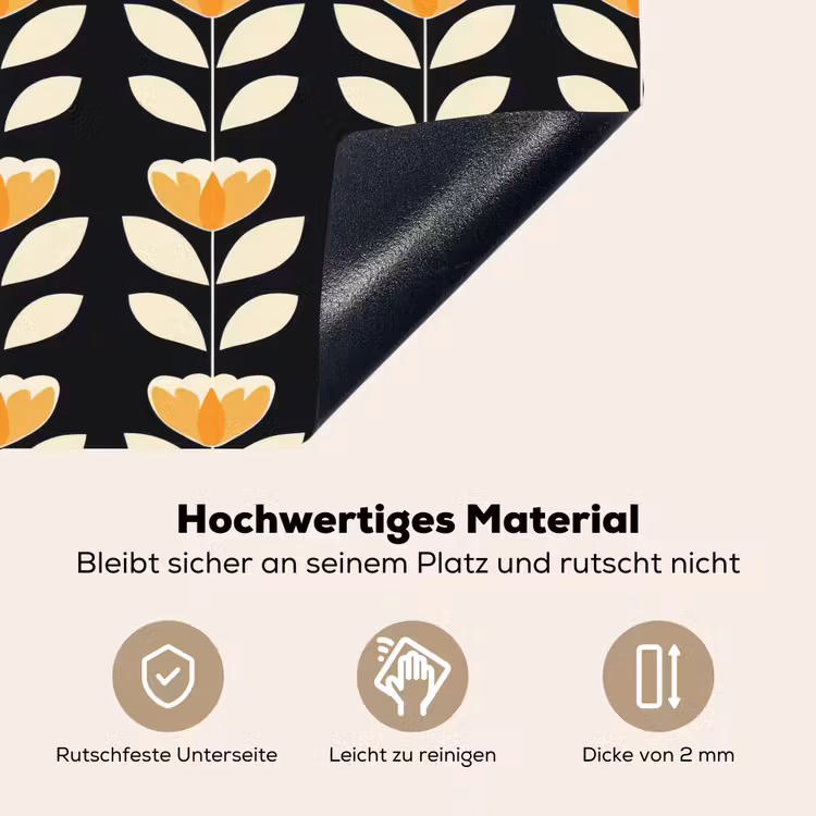 Retro - Bloem - Zwart - Okergeel Inductie beschemer met haakjes klein 777 -ky-onderkant-de