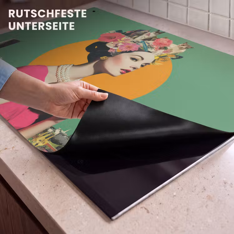 2-in-1 Herdabdeckplatte & Spritzschutz - Retro - Frau - Stadt - Sonne — 4