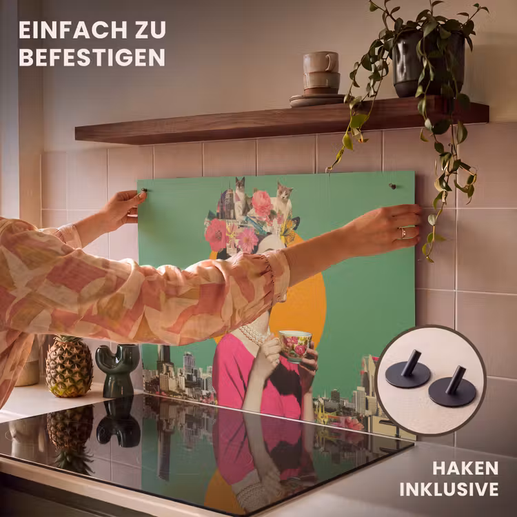 2-in-1 Herdabdeckplatte & Spritzschutz - Retro - Frau - Stadt - Sonne — 7
