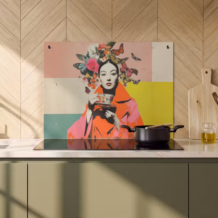 2-in-1 Herdabdeckplatte & Spritzschutz - Retro - Frau - Tasse - Schmetterlinge - Retro - Vrouw - Kopje - Vlinders Inductie beschemer met haakjes klein