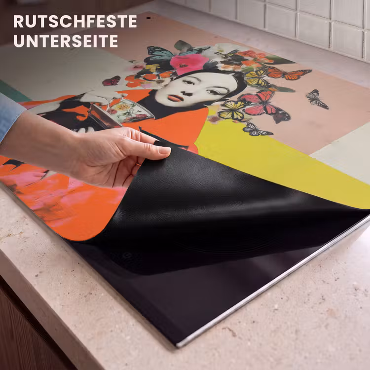 2-in-1 Herdabdeckplatte & Spritzschutz - Retro - Frau - Tasse - Schmetterlinge - Retro - Vrouw - Kopje - Vlinders Inductie beschemer met haakjes klein