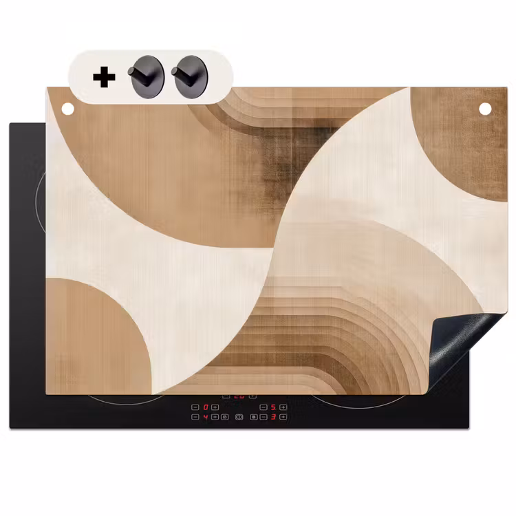 2-in-1 Herdabdeckplatte & Spritzschutz - Retro - Geometrische Schichten - Erdtöne - Retro - Geometrische lagen - Aardetinten Inductie beschemer met haakjes klein