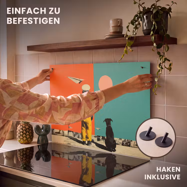 2-in-1 Herdabdeckplatte & Spritzschutz - Retro - Junge - Hund - Rot - Grün - Retro - Jongen - Hond - Rood - Groen Inductie beschemer met haakjes klein
