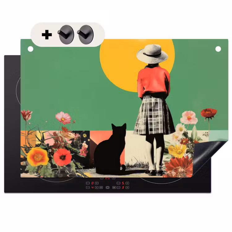 2-in-1 Herdabdeckplatte & Spritzschutz - Retro - Mädchen - Katze - Sonne - Retro - Meisje - Kat - Zon Inductie beschemer met haakjes klein