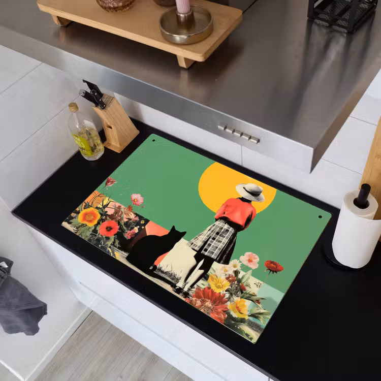 2-in-1 Herdabdeckplatte & Spritzschutz - Retro - Mädchen - Katze - Sonne - Retro - Meisje - Kat - Zon Inductie beschemer met haakjes klein