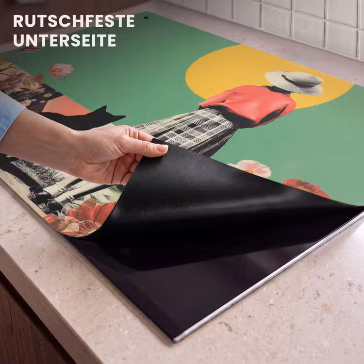 2-in-1 Herdabdeckplatte & Spritzschutz - Retro - Mädchen - Katze - Sonne - Retro - Meisje - Kat - Zon Inductie beschemer met haakjes klein