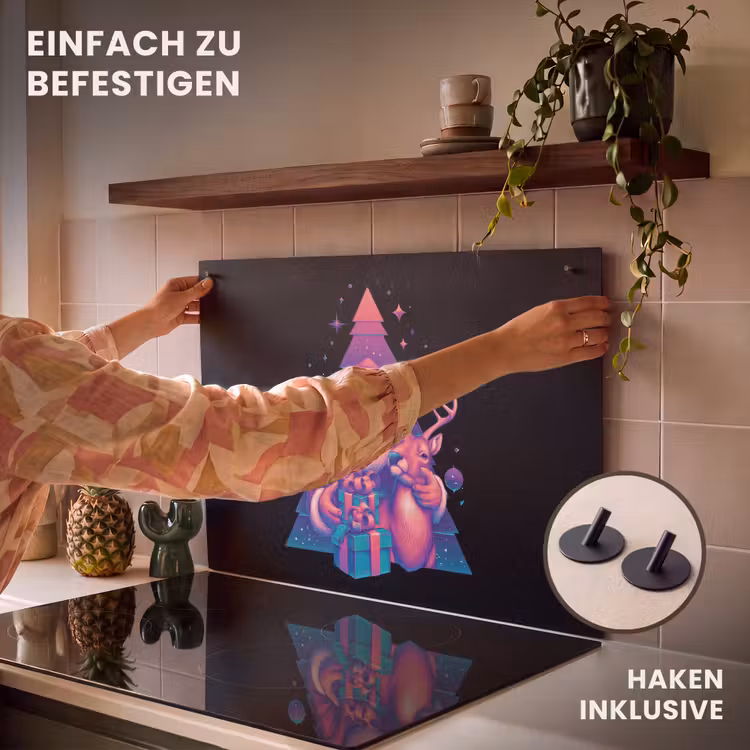 2-in-1 Herdabdeckplatte & Spritzschutz - Retro - Weihnachtsmann - Rentier - Weihnachtsbaum - Retro - Kerstman - Rendieren - Kerstboom Inductie beschemer met haakjes klein