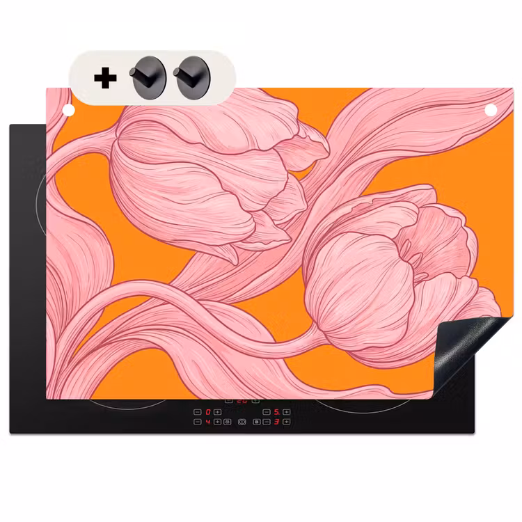 2-in-1 Herdabdeckplatte & Spritzschutz - Rosa Blumen – Modern - Roze bloemen - Modern Inductie beschemer met haakjes klein