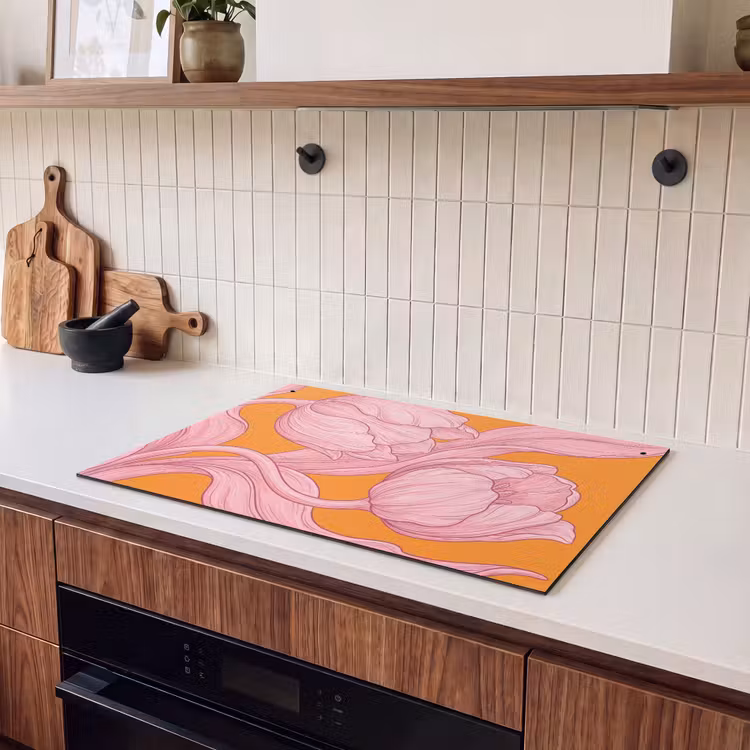 2-in-1 Herdabdeckplatte & Spritzschutz - Rosa Blumen – Modern - Roze bloemen - Modern Inductie beschemer met haakjes klein