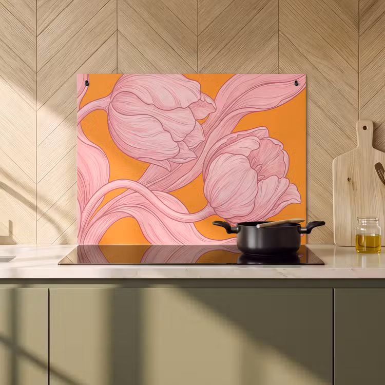 2-in-1 Herdabdeckplatte & Spritzschutz - Rosa Blumen – Modern - Roze bloemen - Modern Inductie beschemer met haakjes klein