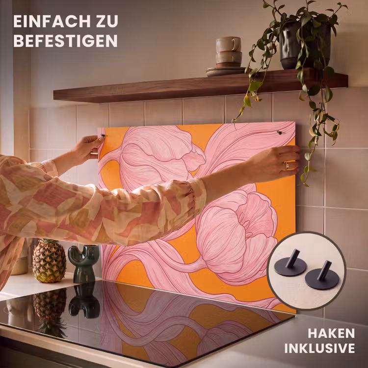 2-in-1 Herdabdeckplatte & Spritzschutz - Rosa Blumen – Modern - Roze bloemen - Modern Inductie beschemer met haakjes klein