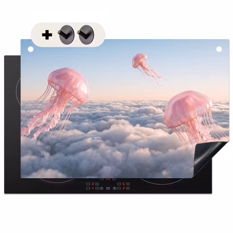2-in-1 Herdabdeckplatte & Spritzschutz - Rosa Tier – Wolken - Roze dier - Wolken Inductie beschemer met haakjes klein