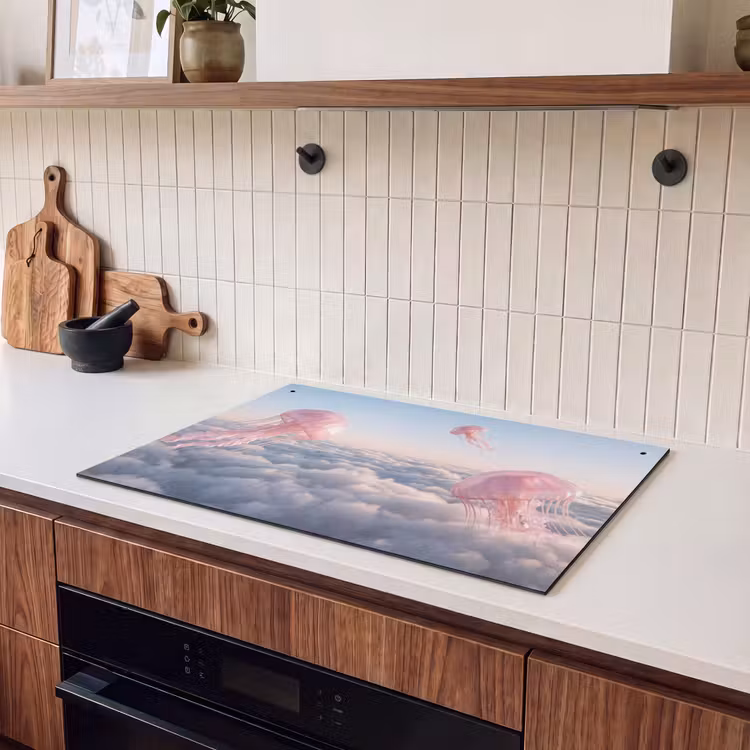 2-in-1 Herdabdeckplatte & Spritzschutz - Rosa Tier – Wolken - Roze dier - Wolken Inductie beschemer met haakjes klein