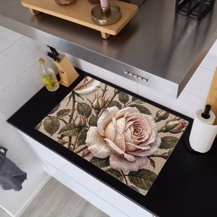 Roos - Mozaïek - Bloemen - Klassiek - Beige Inductie beschemer met haakjes klein -sfeer1
