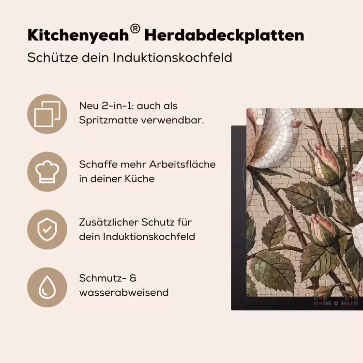 Roos - Mozaïek - Bloemen - Klassiek - Beige Inductie beschemer met haakjes klein -ky-usp-de