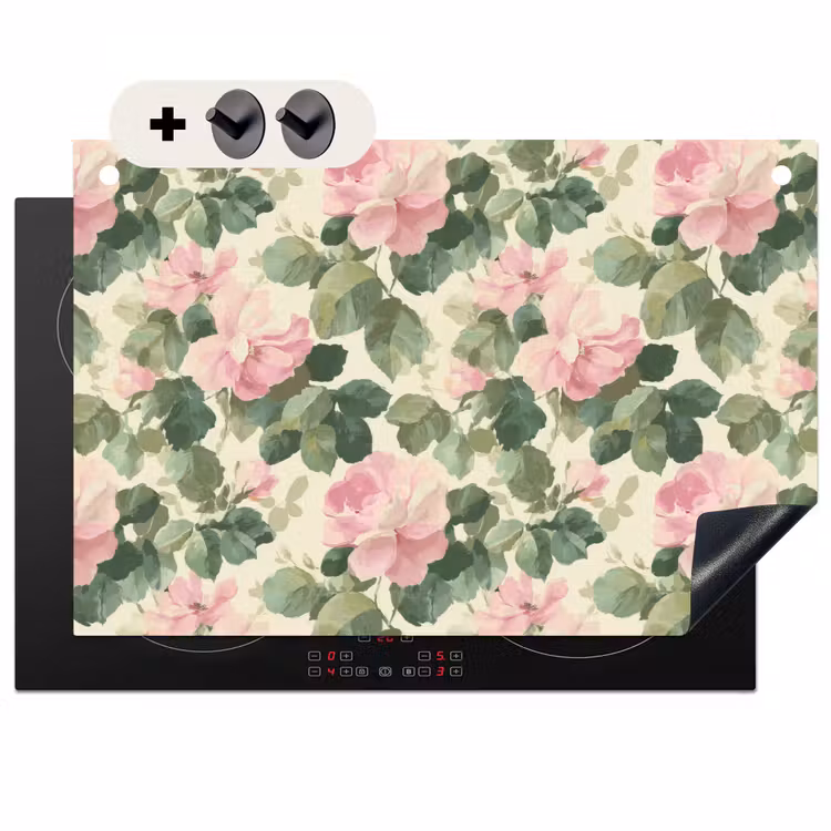 2-in-1 Herdabdeckplatte & Spritzschutz - Rosen - Botanisch - Rosa - Rozen - Botanisch - Roze Inductie beschemer met haakjes klein 777