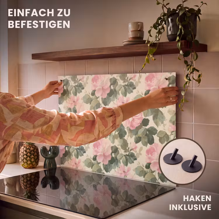 2-in-1 Herdabdeckplatte & Spritzschutz - Rosen - Botanisch - Rosa - Rozen - Botanisch - Roze Inductie beschemer met haakjes klein 777