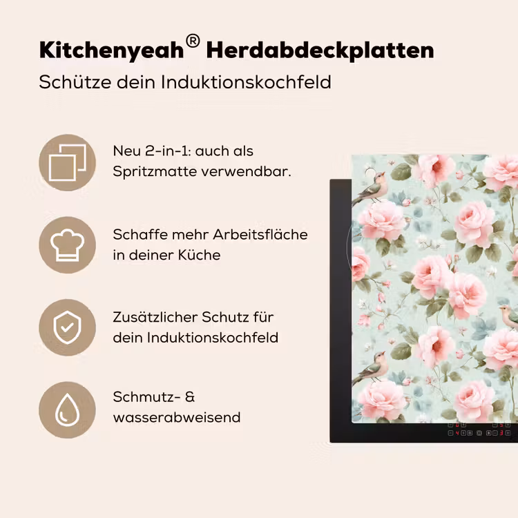Rozen - Vogels - Pastel - Kleurrijk Inductie beschemer met haakjes klein 777 -ky-usp-de