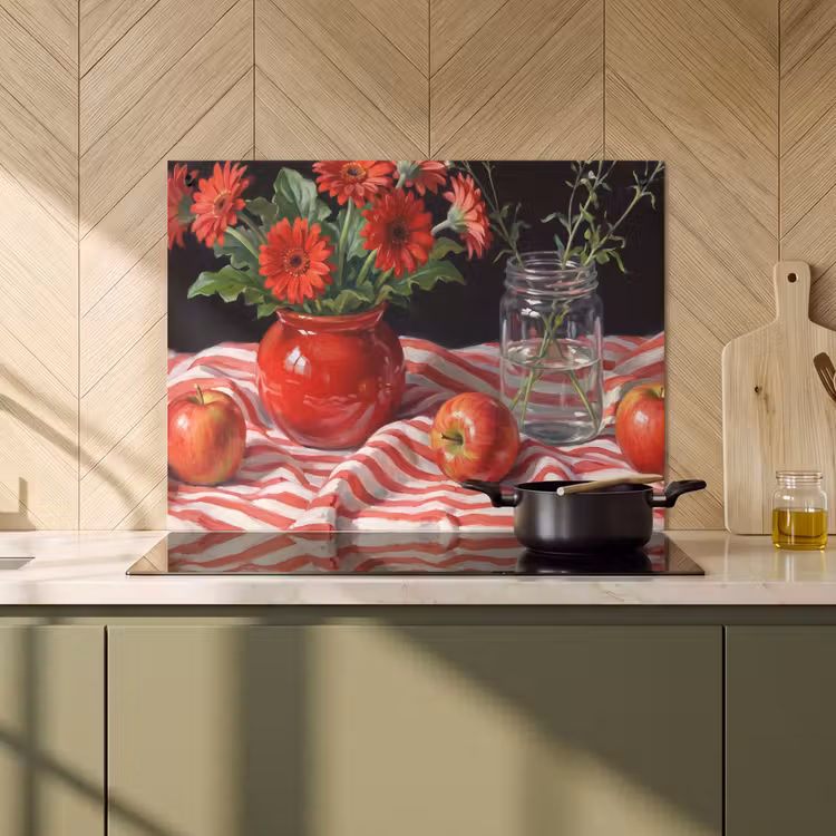 2-in-1 Herdabdeckplatte & Spritzschutz - Rote Blumen – Vase - Rode bloemen - Vaas Inductie beschemer met haakjes klein