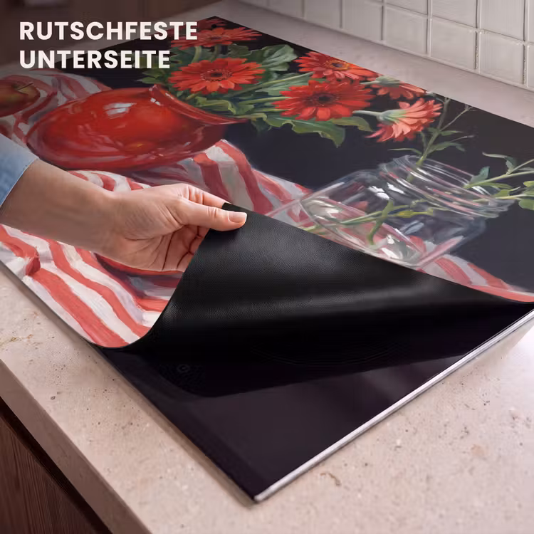 2-in-1 Herdabdeckplatte & Spritzschutz - Rote Blumen – Vase - Rode bloemen - Vaas Inductie beschemer met haakjes klein