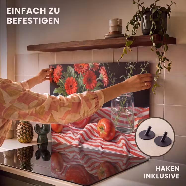 2-in-1 Herdabdeckplatte & Spritzschutz - Rote Blumen – Vase - Rode bloemen - Vaas Inductie beschemer met haakjes klein