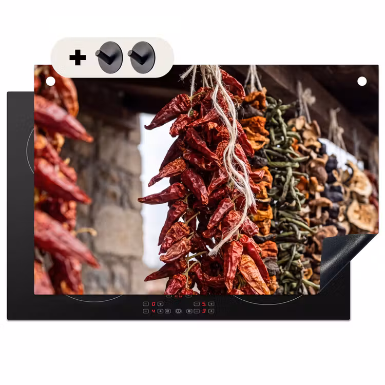 2-in-1 Herdabdeckplatte & Spritzschutz - Rote Chilischoten – Essen - Rode pepers - Eten Inductie beschemer met haakjes klein