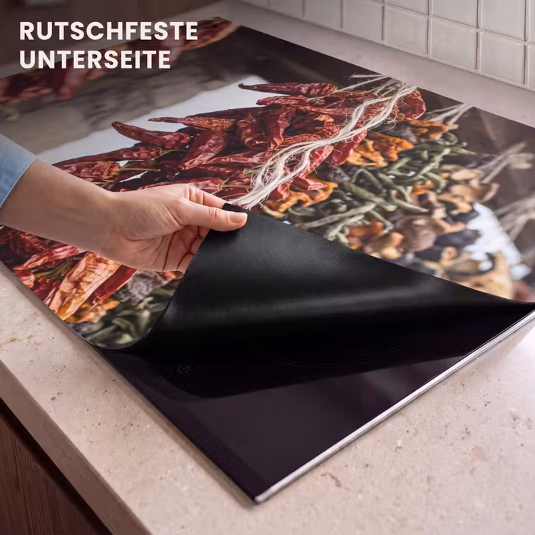 2-in-1 Herdabdeckplatte & Spritzschutz - Rote Chilischoten – Essen - Rode pepers - Eten Inductie beschemer met haakjes klein