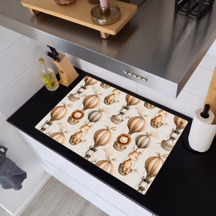 2-in-1 Herdabdeckplatte & Spritzschutz - Safari - Heißluftballons - Taupe - Safari - Luchtballonen - Taupe Inductie beschemer met haakjes klein 777
