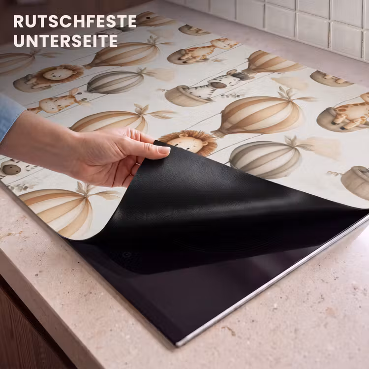 2-in-1 Herdabdeckplatte & Spritzschutz - Safari - Heißluftballons - Taupe - Safari - Luchtballonen - Taupe Inductie beschemer met haakjes klein 777