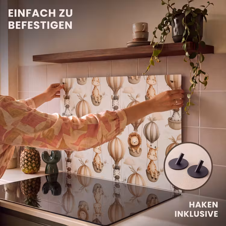 2-in-1 Herdabdeckplatte & Spritzschutz - Safari - Heißluftballons - Taupe - Safari - Luchtballonen - Taupe Inductie beschemer met haakjes klein 777