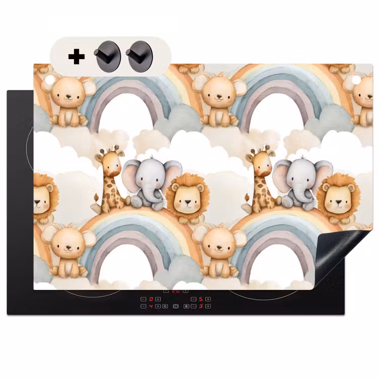 2-in-1 Herdabdeckplatte & Spritzschutz - Safari - Regenbogen - Farbenfroh - Safari - Regenboog - Kleurrijk Inductie beschemer met haakjes klein 777