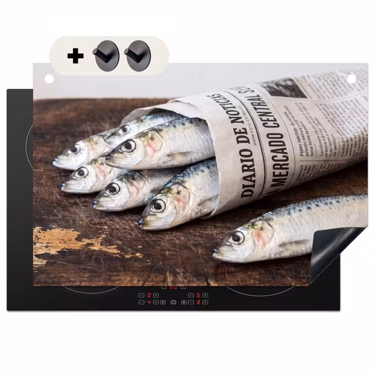2-in-1 Herdabdeckplatte & Spritzschutz - Sardine – Zeitung – Schneidebrett - Sardientje - krant - snijplank Inductie beschemer met haakjes klein
