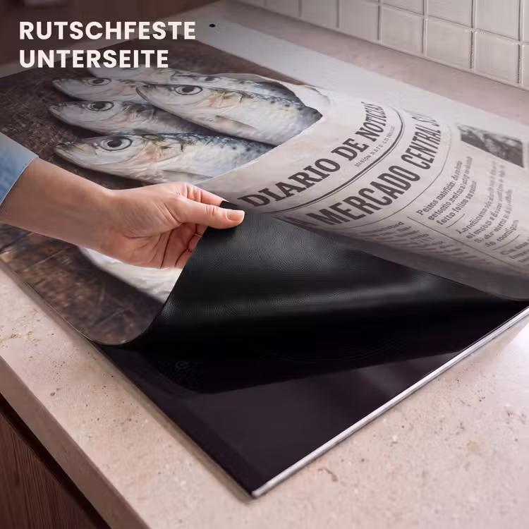 2-in-1 Herdabdeckplatte & Spritzschutz - Sardine – Zeitung – Schneidebrett - Sardientje - krant - snijplank Inductie beschemer met haakjes klein