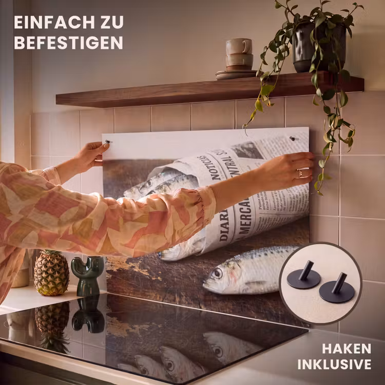 2-in-1 Herdabdeckplatte & Spritzschutz - Sardine – Zeitung – Schneidebrett - Sardientje - krant - snijplank Inductie beschemer met haakjes klein