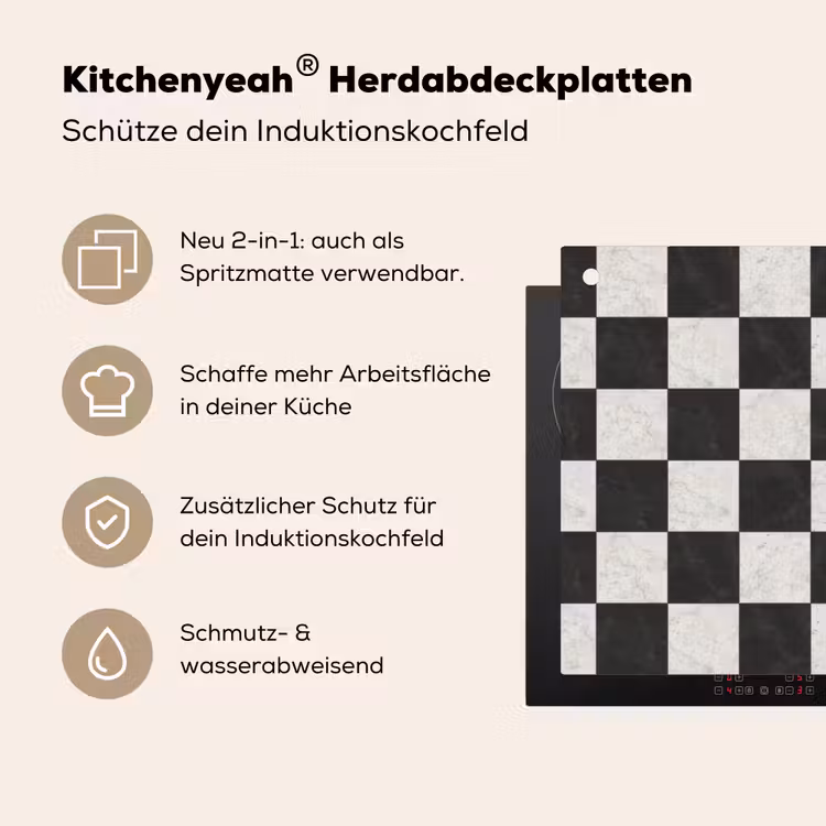 Dambord - Marmer - Zwart - Wit Inductie beschemer met haakjes klein 777 -ky-usp-de