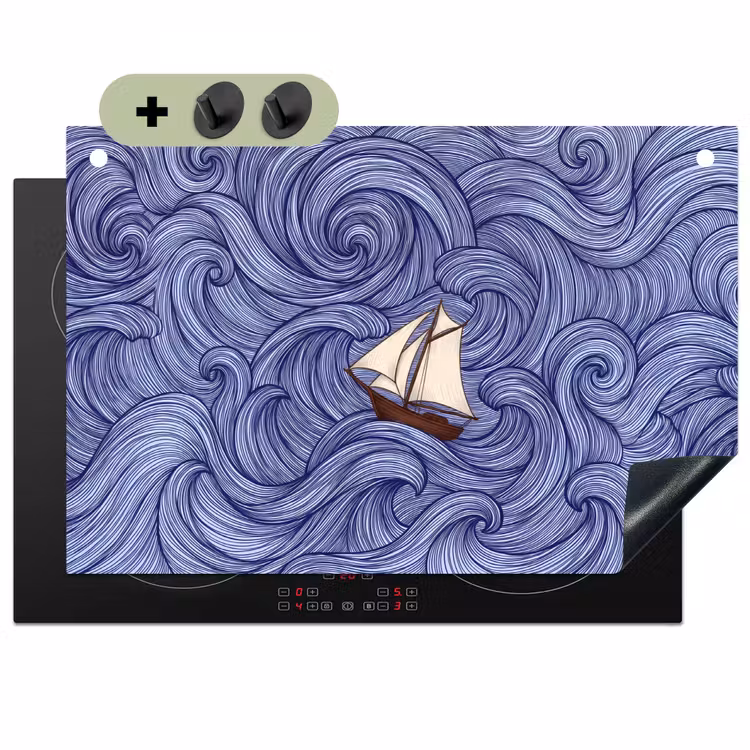 Schip - Golven - Zee - Illustratie - Blauw Inductie beschemer met haakjes klein -3d