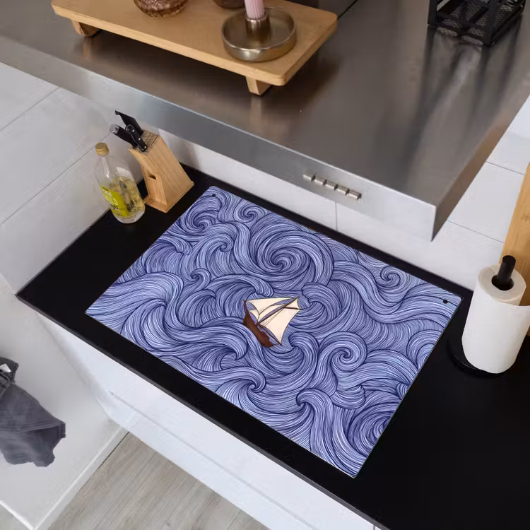 Schip - Golven - Zee - Illustratie - Blauw Inductie beschemer met haakjes klein -sfeer1
