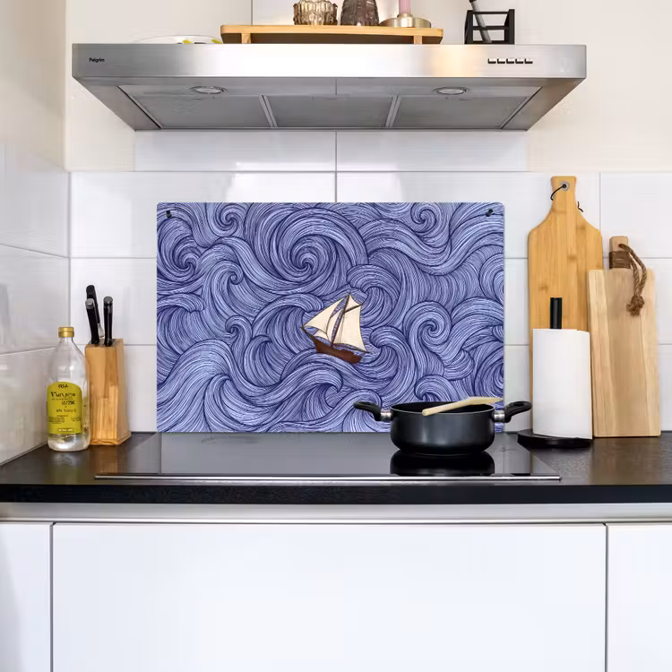 Schip - Golven - Zee - Illustratie - Blauw Inductie beschemer met haakjes klein -sfeer2