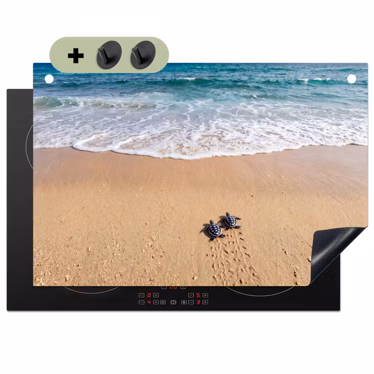 Schildpad - Jong - Strand - Oceaan - Blauw Inductie beschemer met haakjes klein -3d
