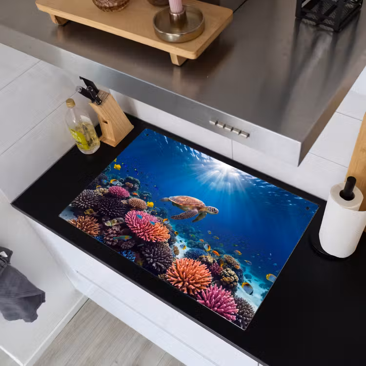 Schildpad - Koraalrif - Oceaan - Dieren - Blauw Inductie beschemer met haakjes klein -sfeer1
