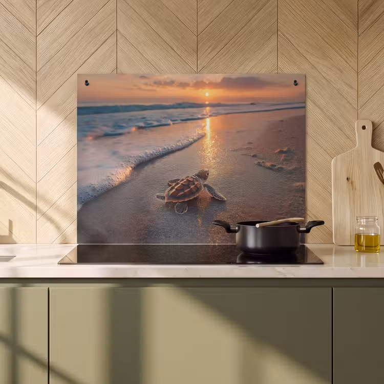 2-in-1 Herdabdeckplatte & Spritzschutz - Schildkröte - Strand - Sonnenuntergang - Schildpad - strand - Zonsondergang Inductie beschemer met haakjes klein